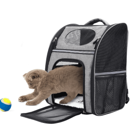 FluffyDream Pet Carrier Backpack for Lg Sm Cats Dogs Puppies, Safety Features, Cushion Back Support for Travel Hiking Outdoor Use Black