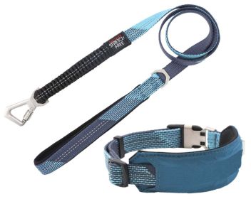 LPet Life 'Geo-prene' 2-in-1 Shock Absorbing Neoprene Padded Reflective Dog Leash and Collar (Color: Blue, Size: small)